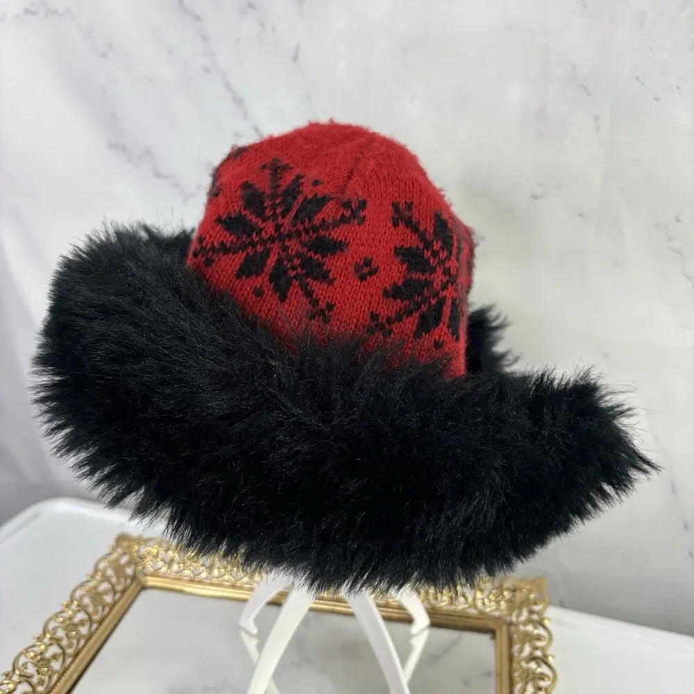 Vintage 90s Cossack Papakha Brimmed Faux Fur Hat Beanie Après-Ski Festive Retro